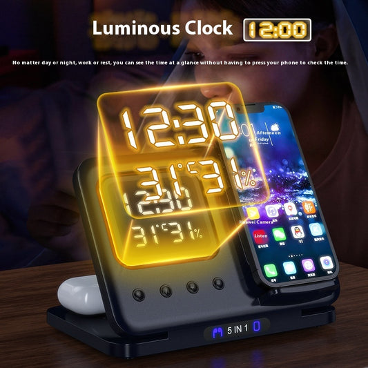 Estação de Carregamento Wireless 5-em-1 com Relógio LED