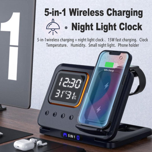 Estação de Carregamento Wireless 5-em-1 com Relógio LED
